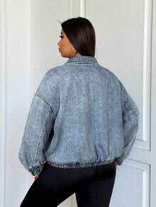 Dripcurv Atasan Denim Lengan Panjang Kerah Tinggi Hitam Ukuran Plus - Light Wash - View 2