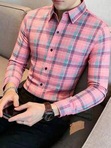 Camisa de manga larga informal a cuadros con botones delanteros para hombre, Navidad - Rosa - Ver 5