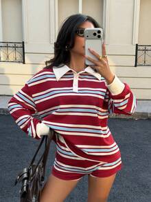 Siren Gaze 酒红色长袖条纹Polo衫和短裤套装，女士休闲两件套条纹服装 - 彩色 - 查看 6