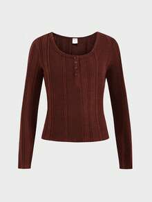 SHEIN Áo thun tay dài thoải mái, vừa vặn, có khóa kéo nửa thân dành cho bé gái tuổi mới lớn - Cà phê nâu - Xem 3