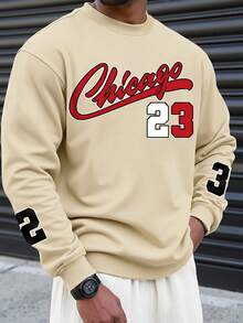 Manfinity Dauomo Sudadera con estampado gráfico de Chicago 23 para hombres - con rojo y letras, ajuste holgado de cuello redondo, informal, lavable a máquina, apto para todas las estaciones - Albaricoque - Ver 3
