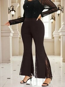 SHEIN Clasi Quần ống loe bó sát phối ren co giãn cỡ lớn màu đen - màu nâu - Xem 3