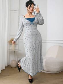 Feyla Plus Size Elegant Commuter Bow Print Long Dress - Blue - View 6