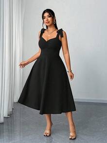 Elenzga Plus Size V-Neck Ruched Waist Slit Elegant Romantic Dress For Women - Black - View 1