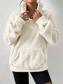 SHEIN EZwear Áo nỉ cổ cao, khóa kéo nửa thân, màu be, cỡ lớn, chất liệu mềm mại, thích hợp cho mùa thu/đông. - Màu be - Xem 4