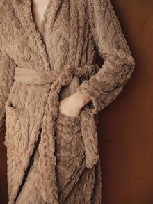 Anewsta Animal Ear Hooded Fluffy Robe In Plush Jacquard, For Fall Winter - Mocha Brown - View 2