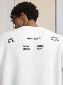 SWAVVY 男士休闲标语刺绣毛衣，秋冬款 - 白色 - 查看 2