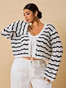 SHEIN VCAY Plus Size Fashionable Contrast Striped Tie-Front Cropped Cardigan/Winter - Black and White - View 4