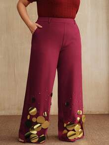 Anewsta Women's Solid Color Fashion Straight Leg Pants With Metallic Sequin Hem Decoration - Burgundy - View 6
