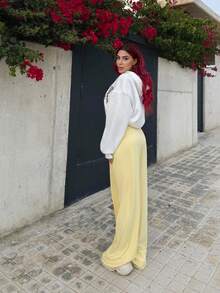 Bearsaez Soft White Knitted Home Baggy Pants, Loose Pants,Butter Yellow