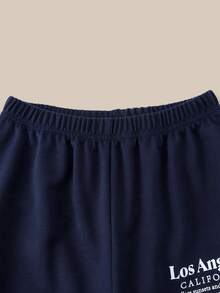 SHEIN Tween Girl Slogan Print Short Sleeve T-Shirt And Pants Set - Navy Blue - View 5