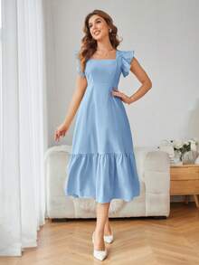 Aveloria Revavyn Square Neck Solid Color Ruffle Hem Sleeveless Dress Vacation Outfits Woman  - Baby Blue - View 4