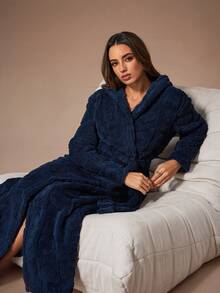 女士纯色蓬松浴袍，冬季 - 藏蓝色 - 查看 6