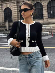 DAZY Women's Ruffle Trim Fitted Cardigan, Autumn/Winter Y2k - Black and White - View 5