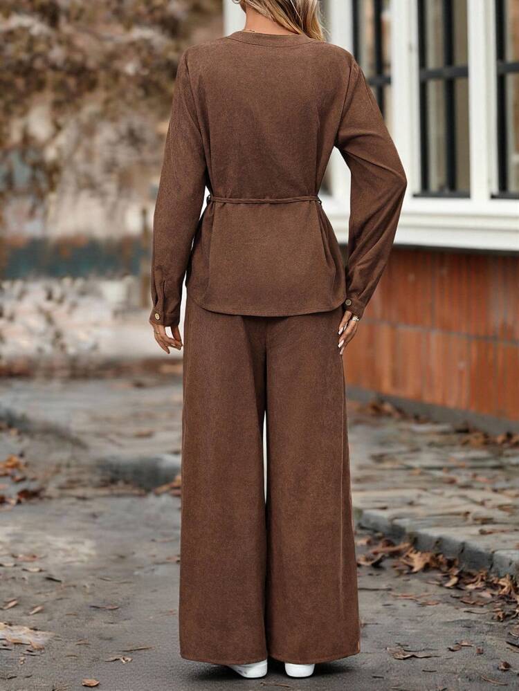 Women's Casual Commuter Solid Color Shirt And Pants 2 Pieces Set Brown
