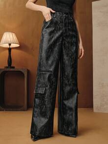 Anewsta 女士秋冬长款PU皮工装裤，优雅、正式、派对、时尚，适合新年、圣诞节、工作、毕业典礼等场合。 - 灰色 - 查看 4