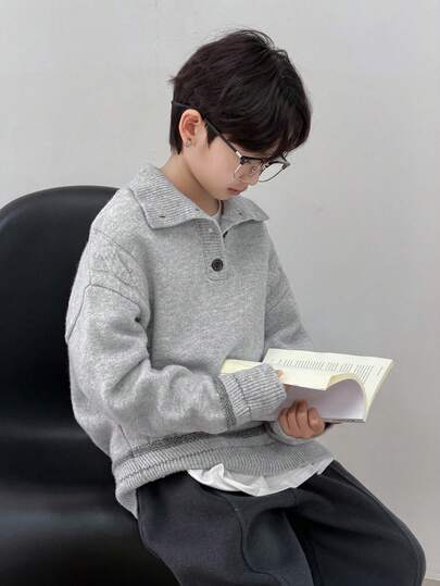 DAZY بلوزة كاجوال بياقة بولو وأكمام طويلة منسدلة للأولاد المراهقين، لون أحادي، مناسبة للخريف والشتاء