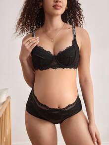 BloomMama Maternity Letter Print Lace Patchwork Camisole Bra - Black - View 4