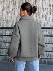 SHEIN Cottnline Women'S Zipper Half Placket Drop Shoulder Sweatshirt - Light Grey - View 2
