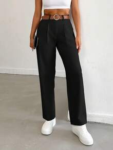 EURMUSE Women Solid Color Pleated Straight Loose Daily Casual Commuting Long Pants - Black - View 3