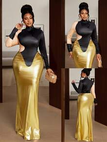 Maweii 秋冬印花修身褶裥鱼尾亮面面料金色显瘦设计高端派对连衣裙，百搭叠穿单品，适合大码女性 - 彩色 - 查看 1