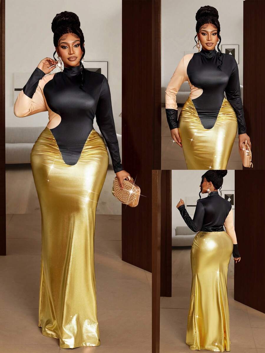 Maweii 秋冬印花修身褶裥鱼尾亮面面料金色显瘦设计高端派对连衣裙，百搭叠穿单品，适合大码女性 - 彩色 - 查看 1