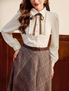 Vintamour Plus Size Vintage Elegant Tie Collar Blouse For Commuting Contrast Trim Bowknot Button Up Casual Blouse Work Vacation Autumn Fall Winter Elegant Blouses Spring Women Spring Break Spring Going Out Top Elegant Blouses For Ladies Elegant Women's Blouses Summer Holiday Spring Break Going Out Top Elegant Blouses For Ladies - Beige - View 2