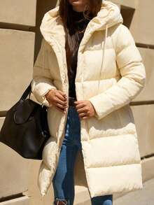 EURMUSE Two-Tone Hooded Pocket Zip-Up Mid-Length Padded Coat - Cream - View 4