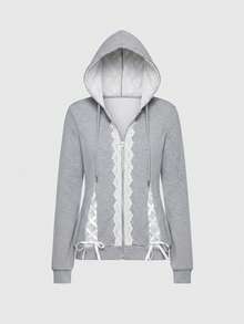 ROMWE Y2K 风格芭蕾女孩休闲撞色蕾丝前开帽衫 - 灰色 - 查看 3