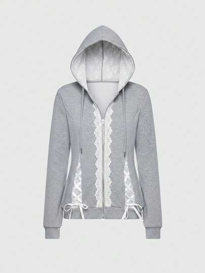 Y2K Style Ballet Girl Casual Contrast Lace Open Front Hoodie