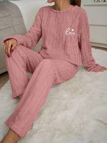 EURMUSE Bộ đồ ngủ mặc nhà Curve Plus 2 mảnh vải kẻ sọc thêu khẩu hiệu - Bụi hồng - Xem 5