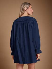 WESTFADE Đầm chữ A mini tay dài, cổ bèo nhún 100% cotton, cài nút, dễ thương, thường ngày, trang phục mùa thu, trang phục hòa nhạc đồng quê, mùa thu, mùa đông, phong cách Boho, trang phục phương Tây - Màu xanh hải quân - Xem 2