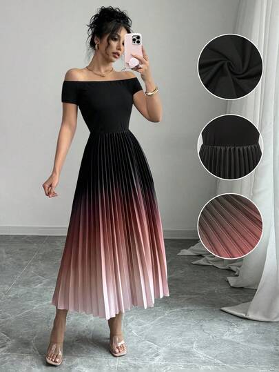 Elenzga 女士优雅露肩褶饰渐变色印花束腰连衣裙