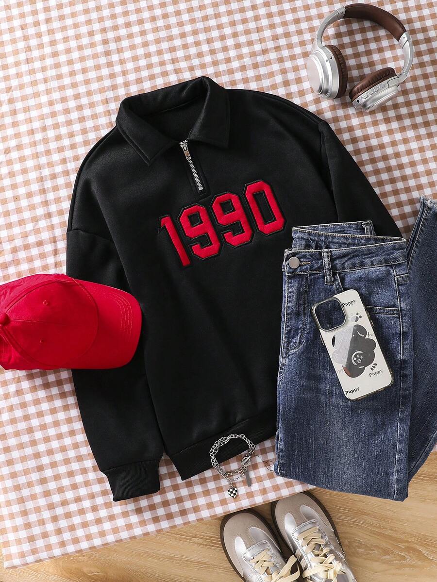 Sudadera tipo polo de estilo callejero casual con bordado de la letra "1990" en texto rojo retro para niñas preadolescentes - Negro - Ver 1