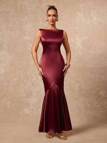 Lumalex Vestido feminino elegante de cor sólida com decote nas costas e barra em cauda de sereia. - Borgonha - Ver 3