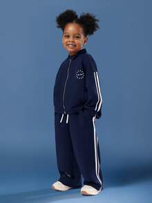 SUMWON Girls Zip Through Hoodie Wide Leg Jogger Co Ord Set Casual Comfortable Tracksuit Vacation - Navy Blue - View 1