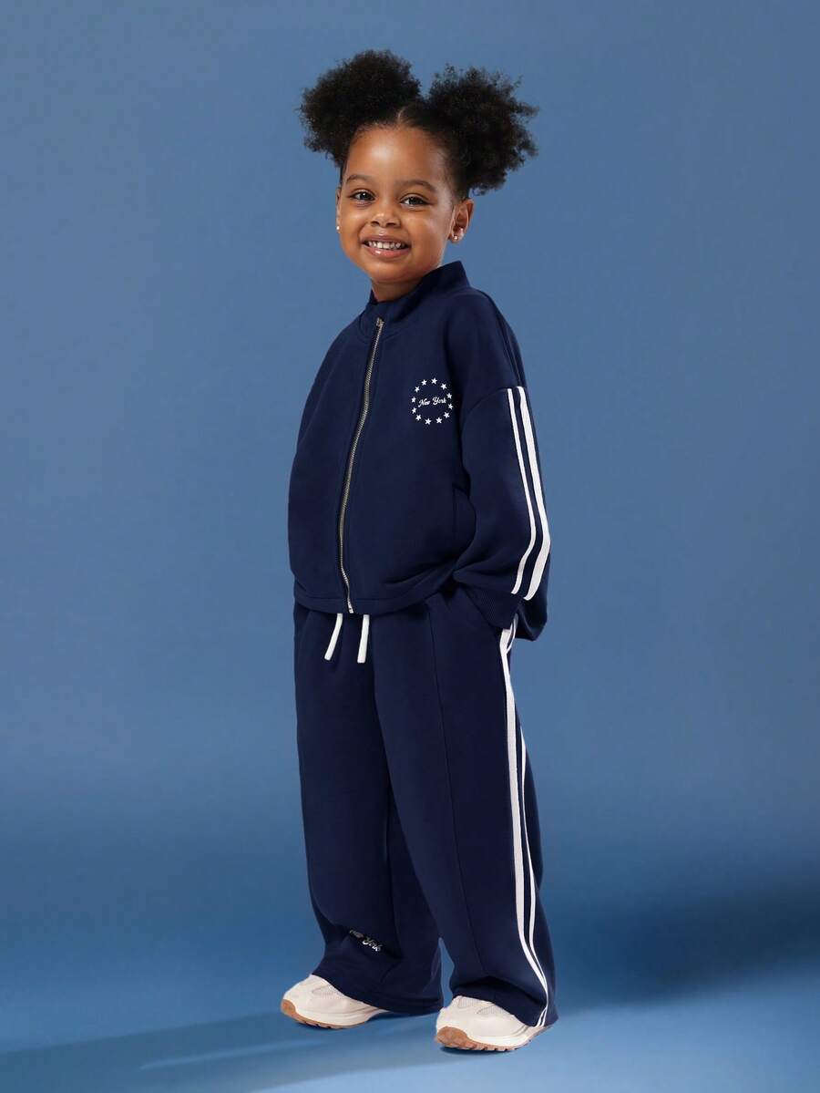 SUMWON Girls Zip Through Hoodie Wide Leg Jogger Co Ord Set Casual Comfortable Tracksuit Vacation - Navy Blue - View 1