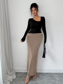 SHEIN Elenzya Nuovo abito mini elegante e vintage da donna in tessuto elastico lucido, con spalla asimmetrica, balze e orlo a volant, adatto per l'autunno/inverno - Multicolore - Visualizzare 3