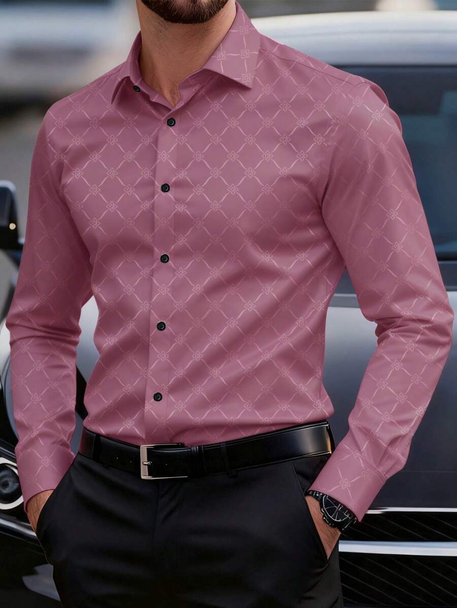 Manfinity Mode 男士黑色鈕扣式長袖修身商務正式襯衫,男士長款酒紅色休閒奢華上衣,適合典禮 - 藕粉色 - 查看 1