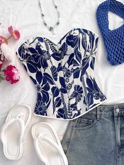 Soleia Monet Painting Style Vintage Corset Top, Sexy Off-The-Shoulder Bustier, Avant-Garde Bodice For Nightout, Women Tops For Going Out, Wedding Guest Dress, Fall Clothes