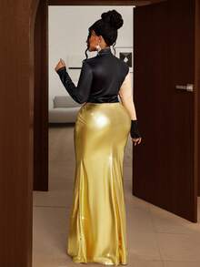 Maweii 秋冬印花修身褶裥鱼尾亮面面料金色显瘦设计高端派对连衣裙，百搭叠穿单品，适合大码女性 - 彩色 - 查看 5