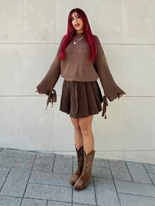 Bearsaez New Autumn/Winter Brown Knitted Ribbed Cuff Tie Loose Pullover Sweater,Knitted Sweater - Chocolate Brown - View 3