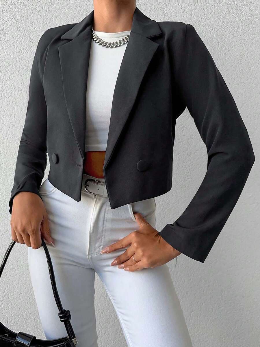 EURMUSE Women's Solid Color Long Sleeve Two-Button Short Casual Blazer - Dark Grey - View 1