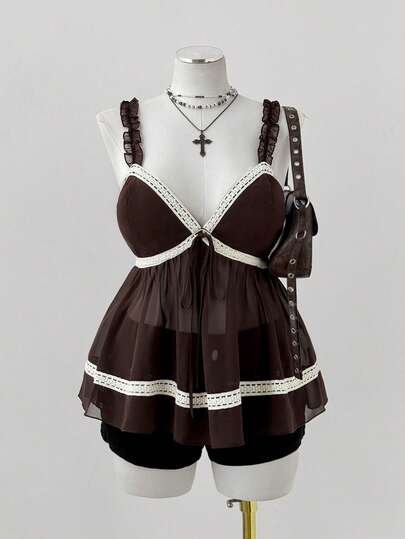 Sunspun 新款优雅甜美外出上衣，雪纺面料撞色蕾丝荷叶边蝴蝶结吊带背心，喇叭下摆短款露脐上衣，春夏秋季