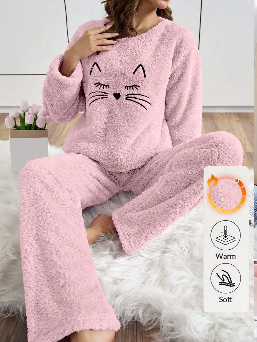 EURMUSE 2Pcs Plush Cute Cat Face Embroidery Detail PJ Set - Baby Pink - View 1