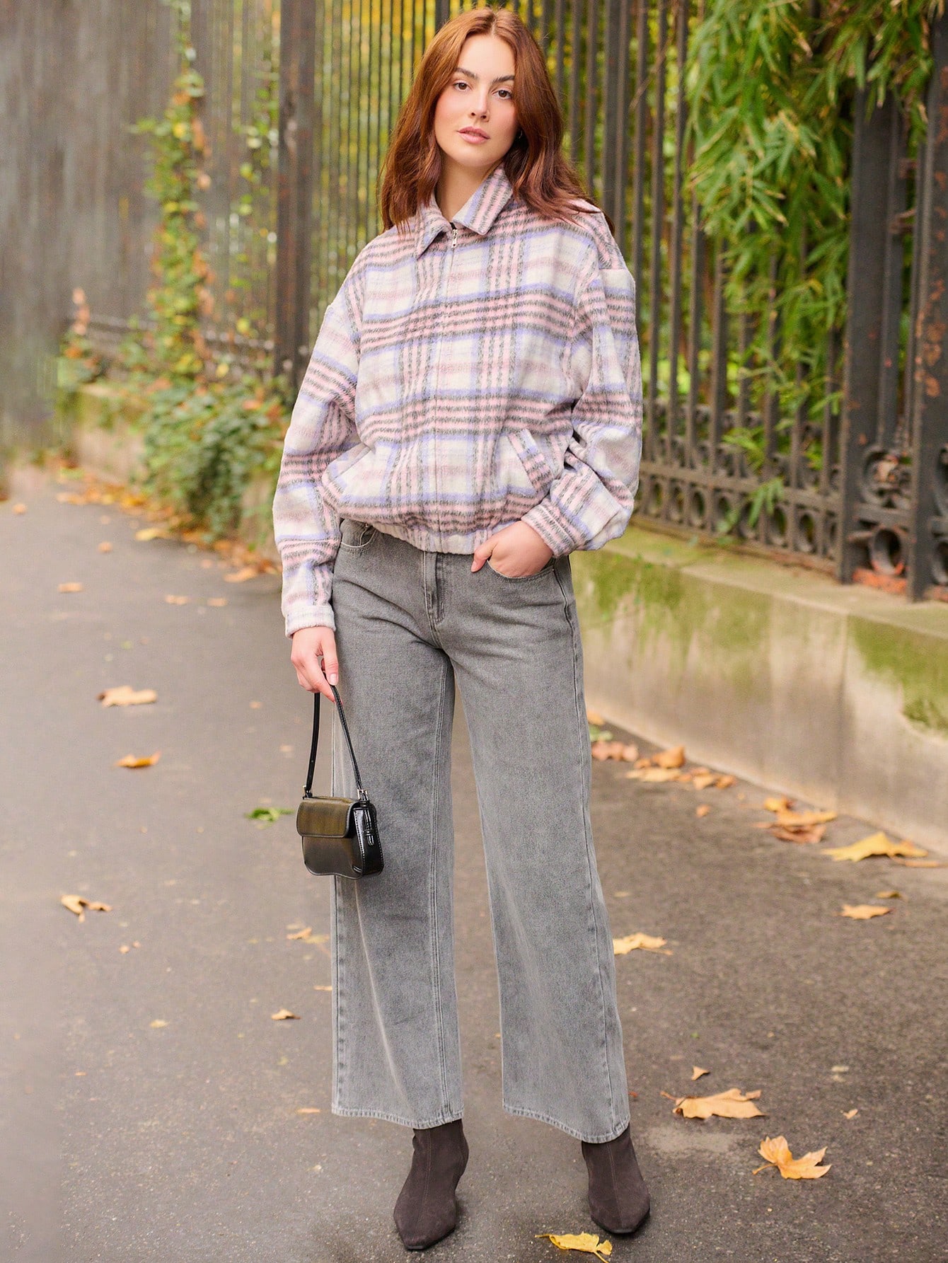 Pink Check Print Zip Front Woolen Bomber Jacket Winter Vintage Style Pink Plaid Jacket Spring Summer Going Out