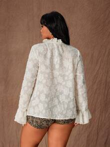 Sunspun Blusa plus size sexy e elegante com decote em V, babados em jacquard e mangas compridas, ideal para festas, Dia dos Namorados e encontros românticos. - Damasco - Ver 3