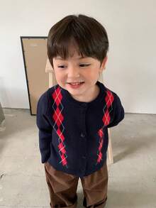 DAZY Chaqueta de punto de manga larga con patrón de rombos para bebés/niños pequeños, otoño/invierno - Azul - Ver 5