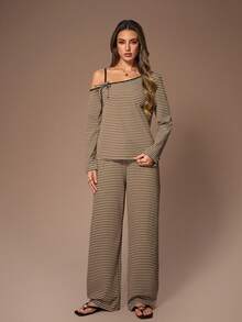 Lazeform 女士休闲针织条纹印花长袖上衣和裤子家居服套装，休闲两件套，冬季服装 - 彩色 - 查看 6