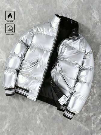 Manfinity EMRG Men's Silver PU Puffer Jacket With Zipper Long Sleeve Regular Length Urban Utility Winter Coat Cool Jacket Jackets For Men Silver Jacket Streetwear Jacket Men Bomber Jacket